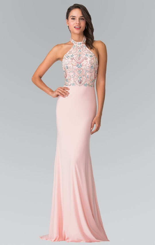 Elizabeth K - GL2279 Beaded Halter Neck Rome Jersey Sheath Dress