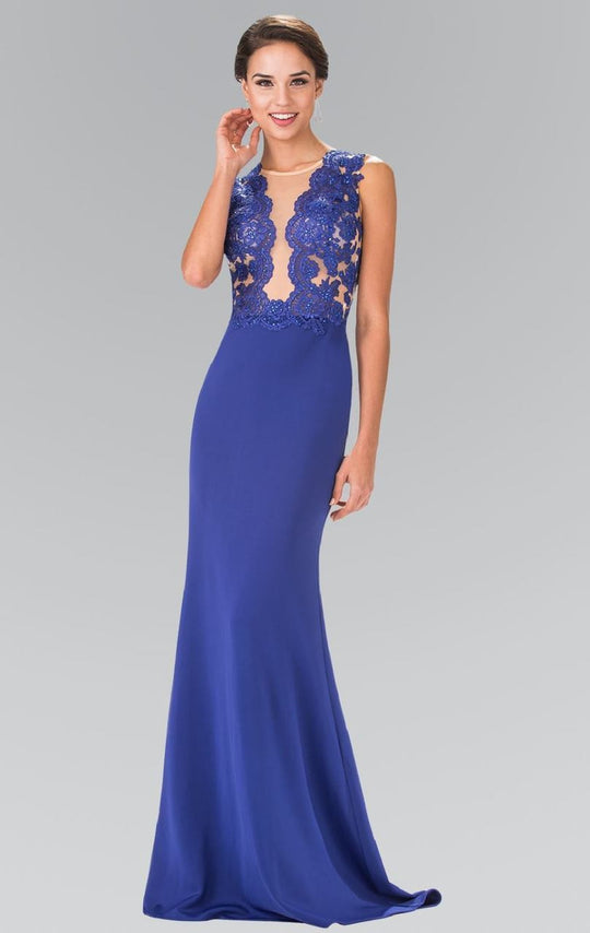 Elizabeth K - GL2286 Laced Illusion High Neck Jersey Trumpet Dress