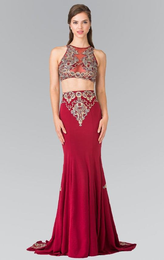 Elizabeth K - GL2296 Embellished High Neck Rome Jersey Dress
