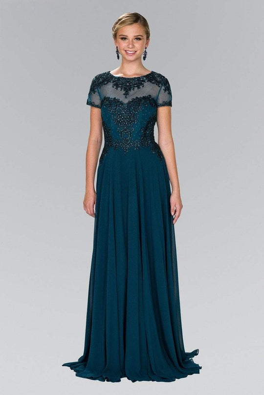 Elizabeth K - GL2406 Short Sleeve Illusion Lace Ornate Chiffon Gown