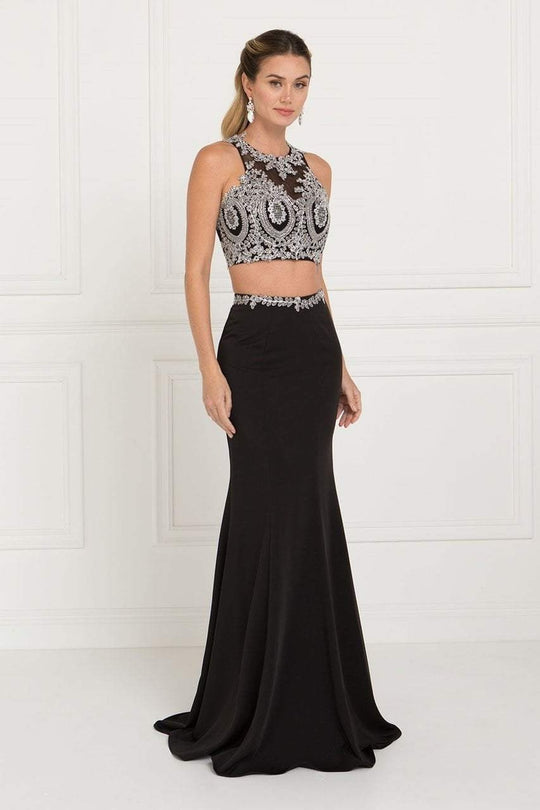 Elizabeth K - GL2419 Embroidered Two Piece Halter Evening Dress
