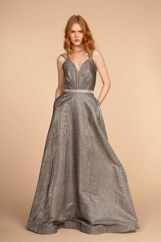 Elizabeth K - GL2504 Pleated Plunging Bodice Glitter Long Gown