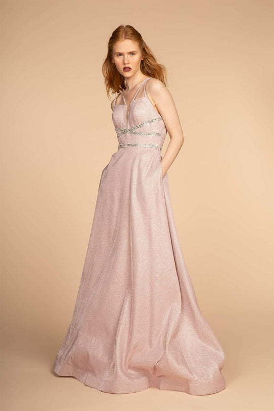 Elizabeth K - GL2506 Deep V-neck Glitter Crepe A-line Dress