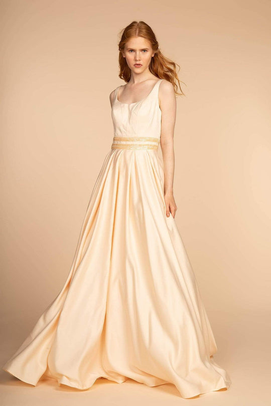 Elizabeth K - GL2531 Sleeveless Sheer Lace Applique Back Satin Gown