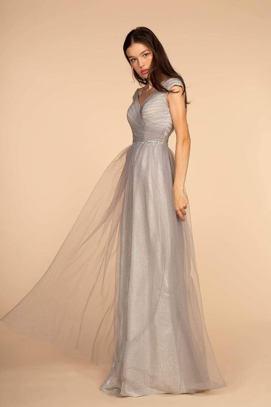 Elizabeth K - GL2560 Cap Sleeve Ruched Mesh Long Gown