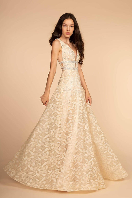 Elizabeth K - GL2580 Jewel-Studded Plunging V-Neck Long Gown