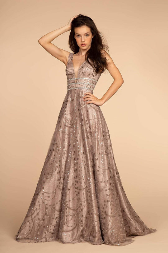 Elizabeth K - GL2589 Embellished Deep V-neck A-line Dress
