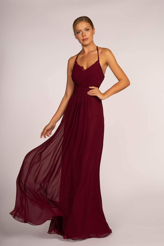 Elizabeth K - GL2606 Lace Pleated Halter Chiffon A-line Dress