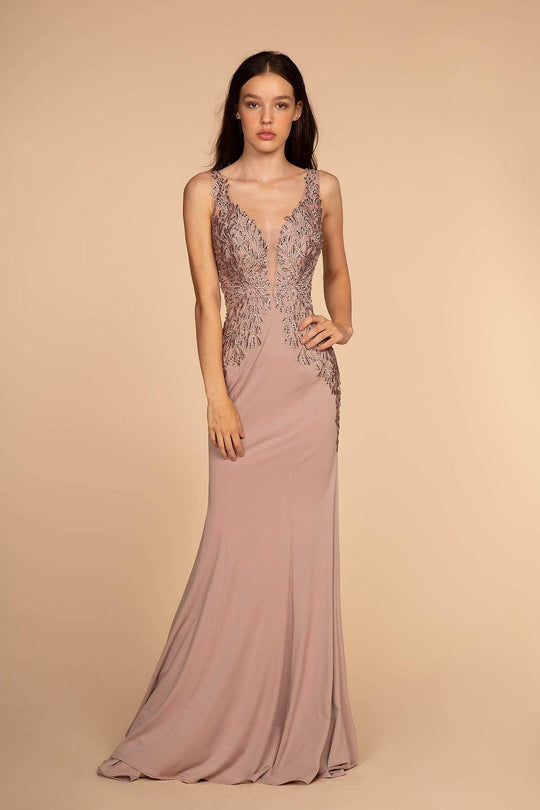 Elizabeth K - GL2614 Lace Deep V-neck Jersey Sheath Dress