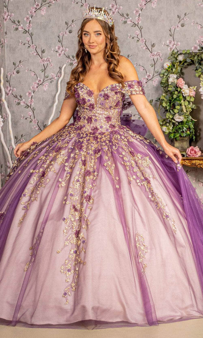 Elizabeth K GL3178 - Floral Appliques Bow Ballgown Ball Gowns XS / Purple/Nude