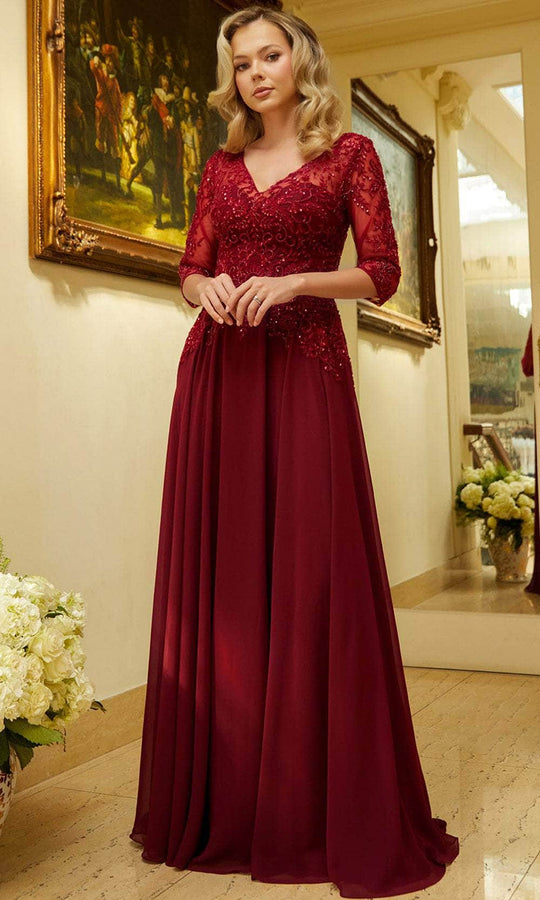 Elizabeth K GL3573 - Illusion V-Neck Beaded Embroidered Formal Dress