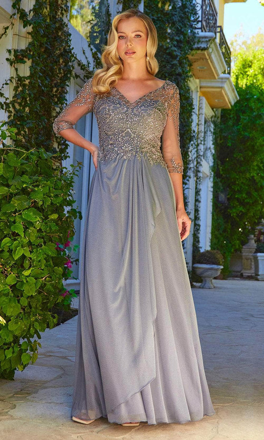 Elizabeth K GL3574 - Ruffle Skirt Sheer Quarter Sleeve Formal Dress