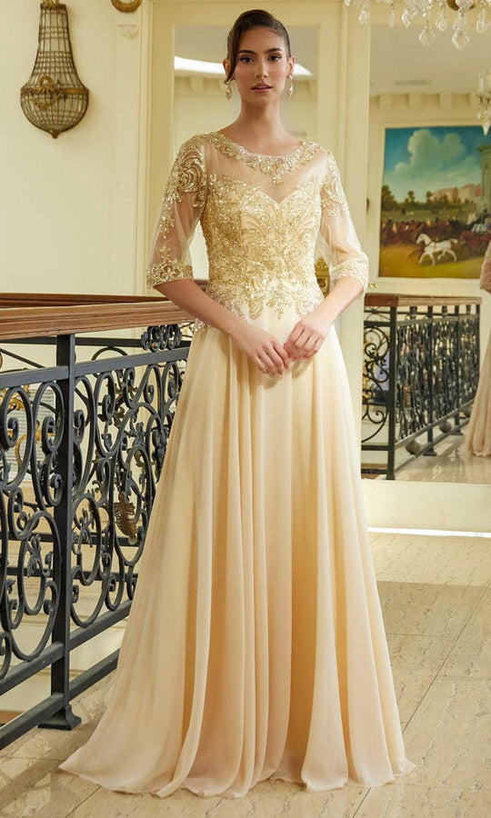 Elizabeth K GL3599 - Quarter Sleeve Sequin Top Formal Dress