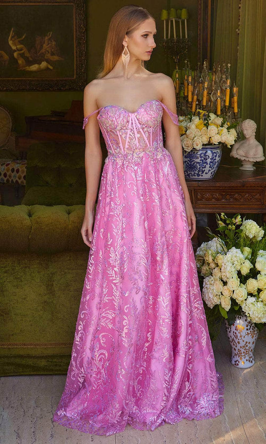 Elizabeth K GL3628 - Off-Shoulder Bejeweled A-Line Prom Gown
