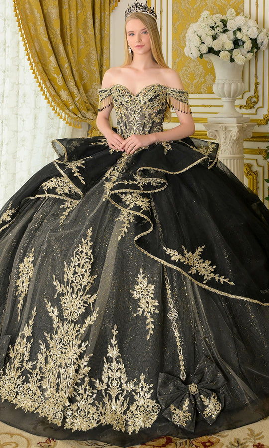 Elizabeth K GL3670 - Fringe Off Shoulder Ruffled Ballgown