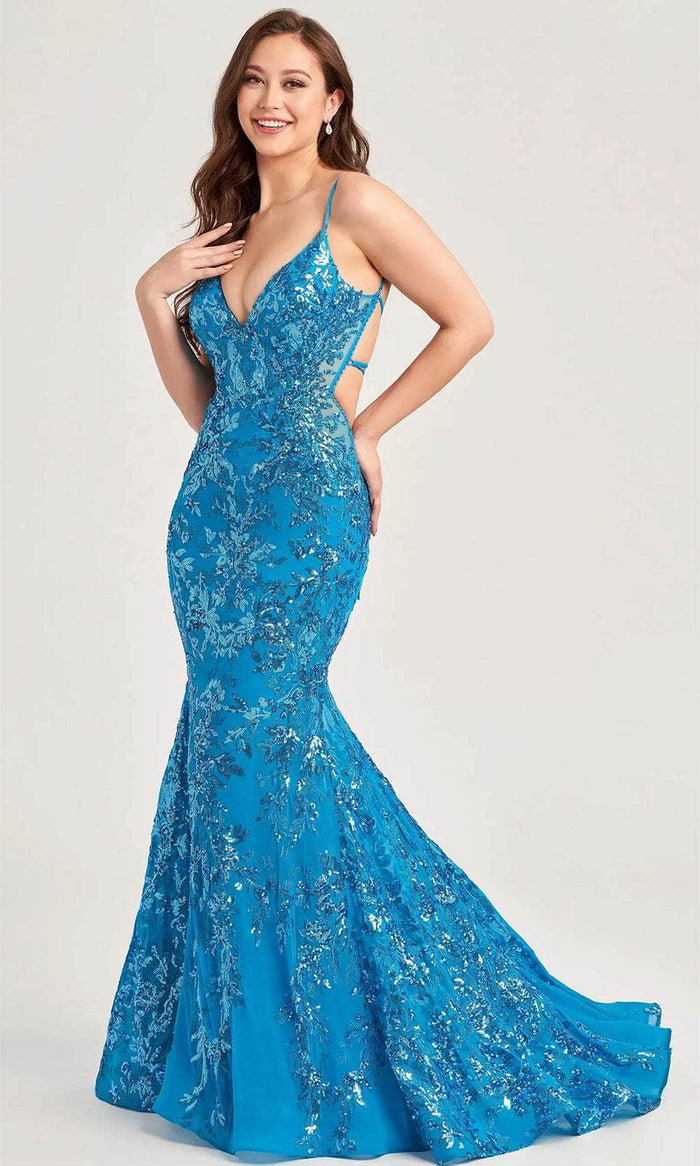 Ellie Wilde EW35011 - V-Neck Sequin Evening Dress Evening Dresses 00 / Cerulean Blue