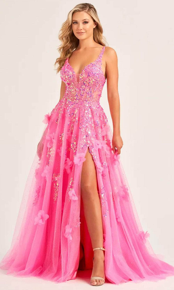 Ellie Wilde EW35047 - Plunging V-Neck Sequin Evening Dress Prom Dresses 00 / Hot Pink
