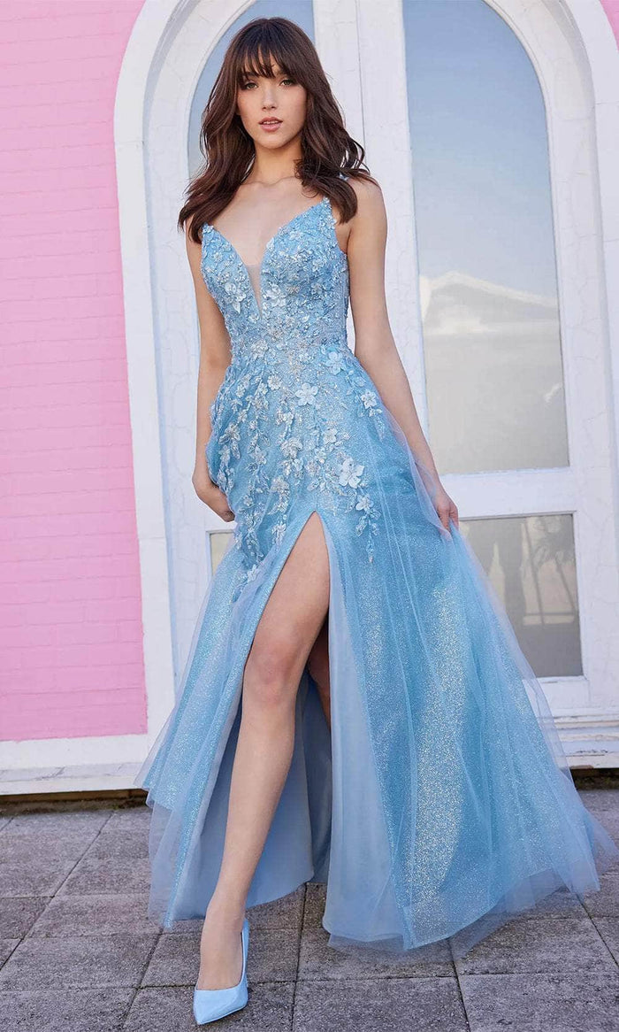 Ellie Wilde EW35108 - Sleeveless Lace Applique Prom Gown Prom Dresses 00 / Light Blue