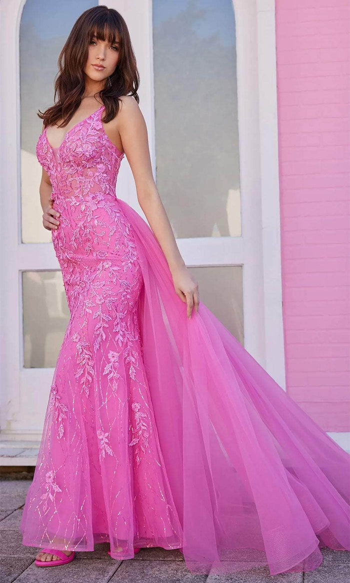 Ellie Wilde EW35110 - Embroidered V-Neck Prom Gown Prom Dresses 00 / Hot Pink