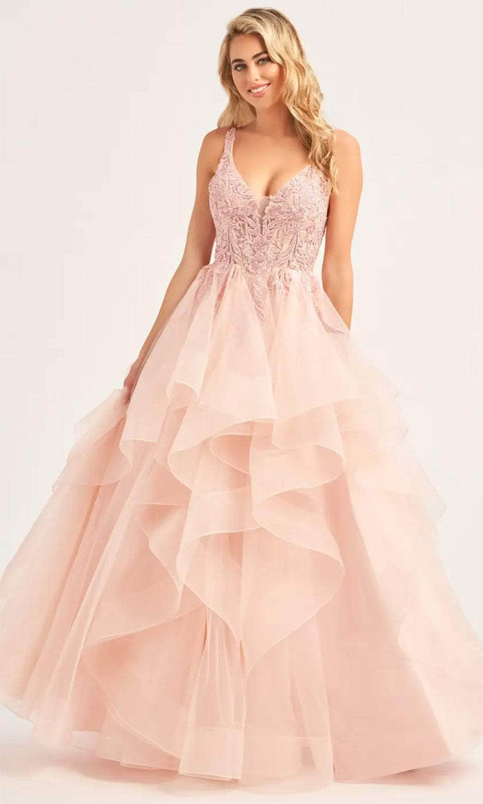 Ellie Wilde EW35119 - Floral Plunging V-Neck Ballgown Prom Dresses 00 / Petal