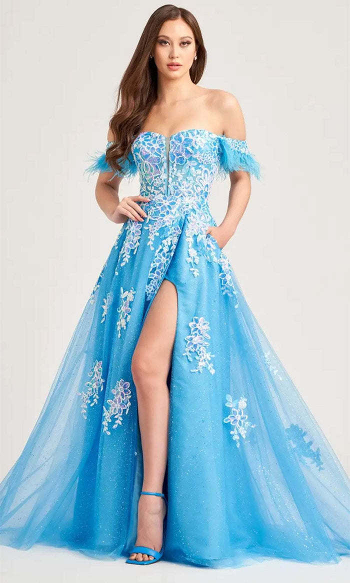 Ellie Wilde EW35220 - Feather Detailed Sweetheart Neck Prom Gown Prom Dresses 00 / Cerulean Blue