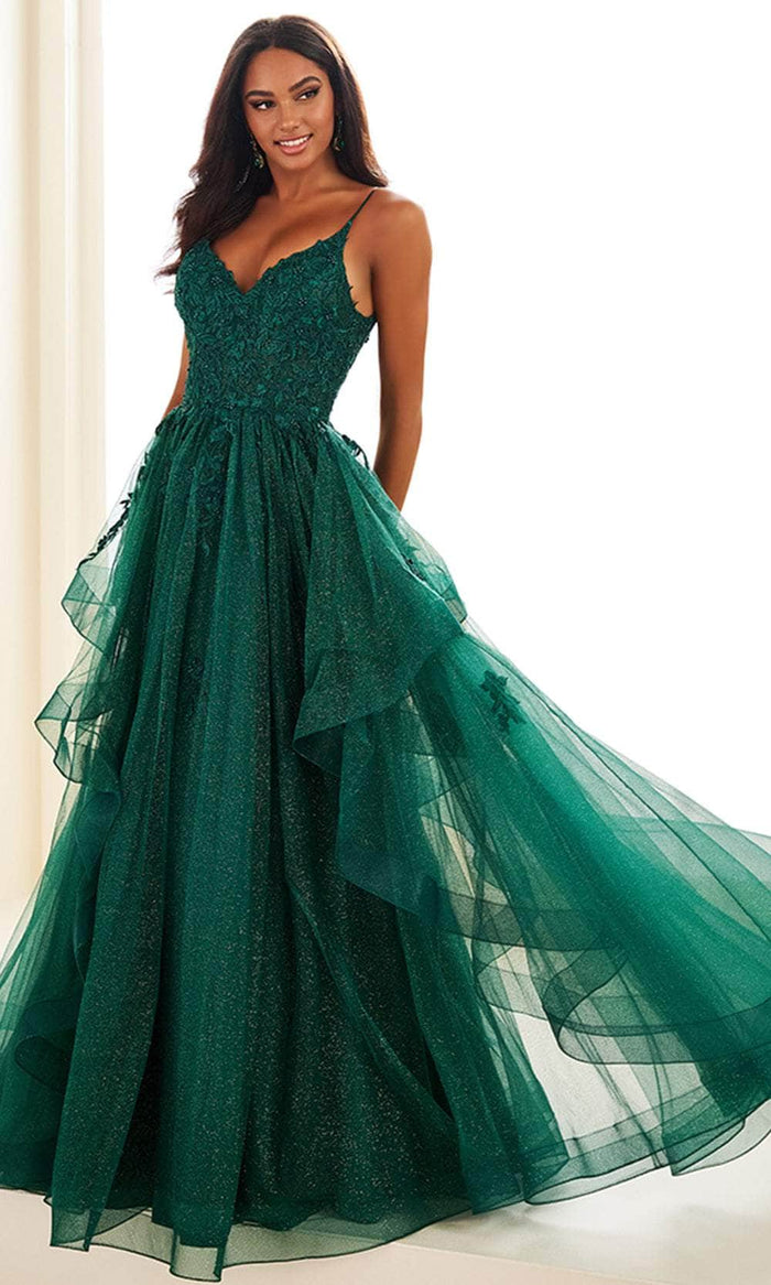 Ellie Wilde EW36085 - Long Glitter Tulle, Tulle, Lace Applique, Stone Accents, Beads, Crinoline, Pongee Lining & Horsehair A-Line Dress - Spaghetti Straps, Beading, Lace Appliques, Horsehair Hem, Ruffles, V-Back, Concealed Zipper Ellie Wilde EW36085 - Long Glitter Tulle, Tulle, Lace Applique, Stone Accents, Beads, Crinoline, Pongee Lining & Horsehair A-Line Dress - Spaghetti Straps, Beading, Lace Appliques, Horsehair Hem, Ruffles, V-Back, Concealed Zipper