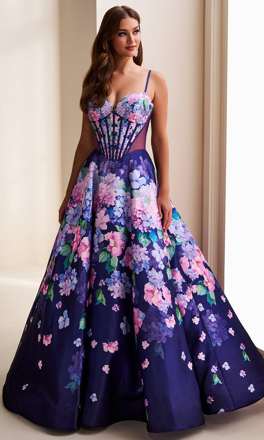 Ellie Wilde EW37004 - Printed Satin A-Line Gown with Corset Bodice