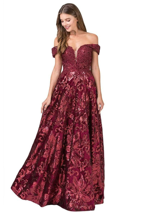 Eureka Fashion - 6733 Sequined Deep Off-Shoulder Velvet A-line Dress