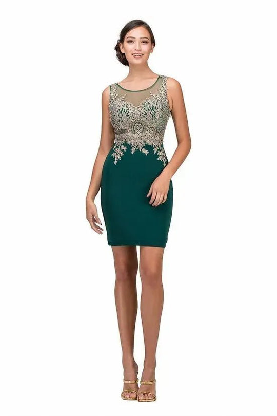 Eureka Fashion 6002 - Metallic Lace Illusion Scoop Short Dress 6002 Cocktail Dresses L / H.Green/Gd