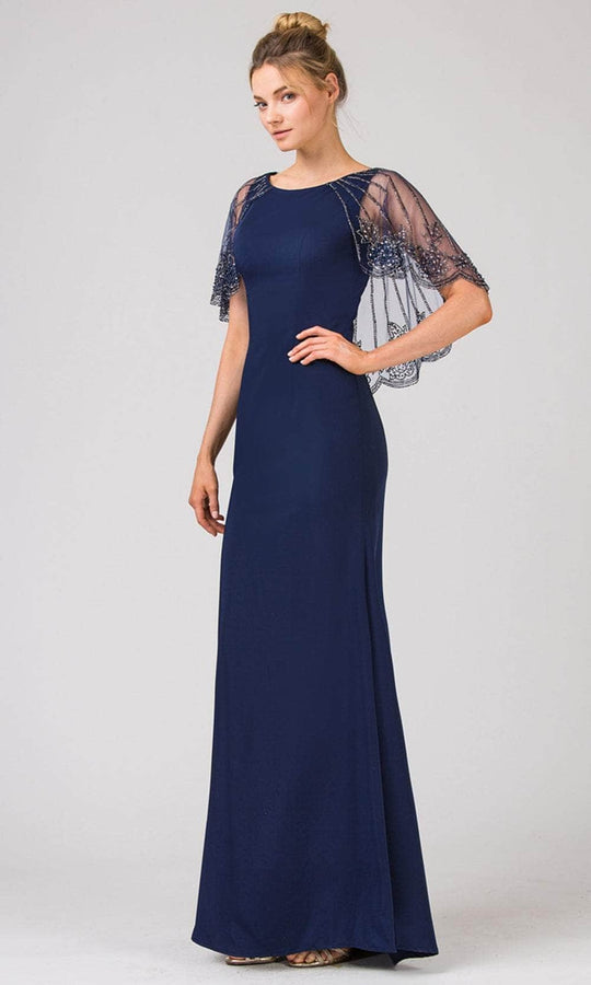 Eureka Fashion 7003 - Bateau Neck Sheer Cape Formal Gown