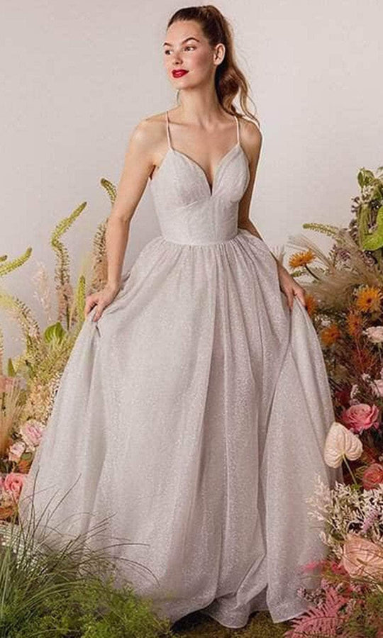 Eureka Fashion 9009 - Glitter Mesh Plunging V-Neck Prom Gown
