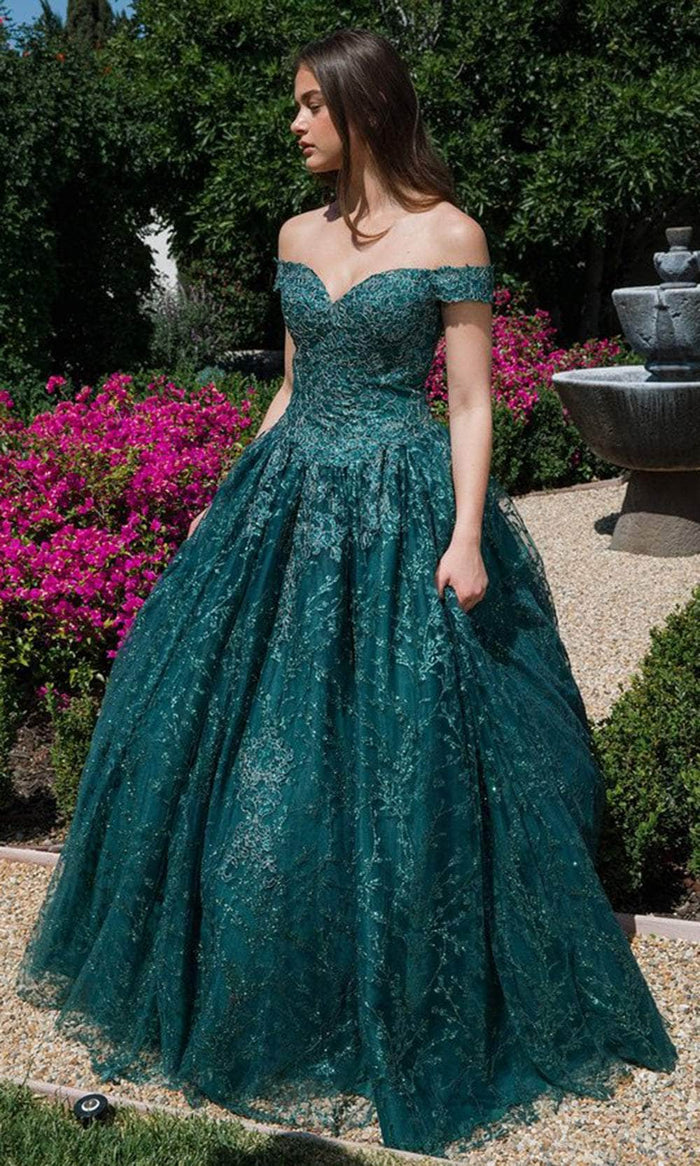 Eureka Fashion 9909 - Off-Shoulder Embroidered Ballgown Ball Gowns XS / Emerald Green