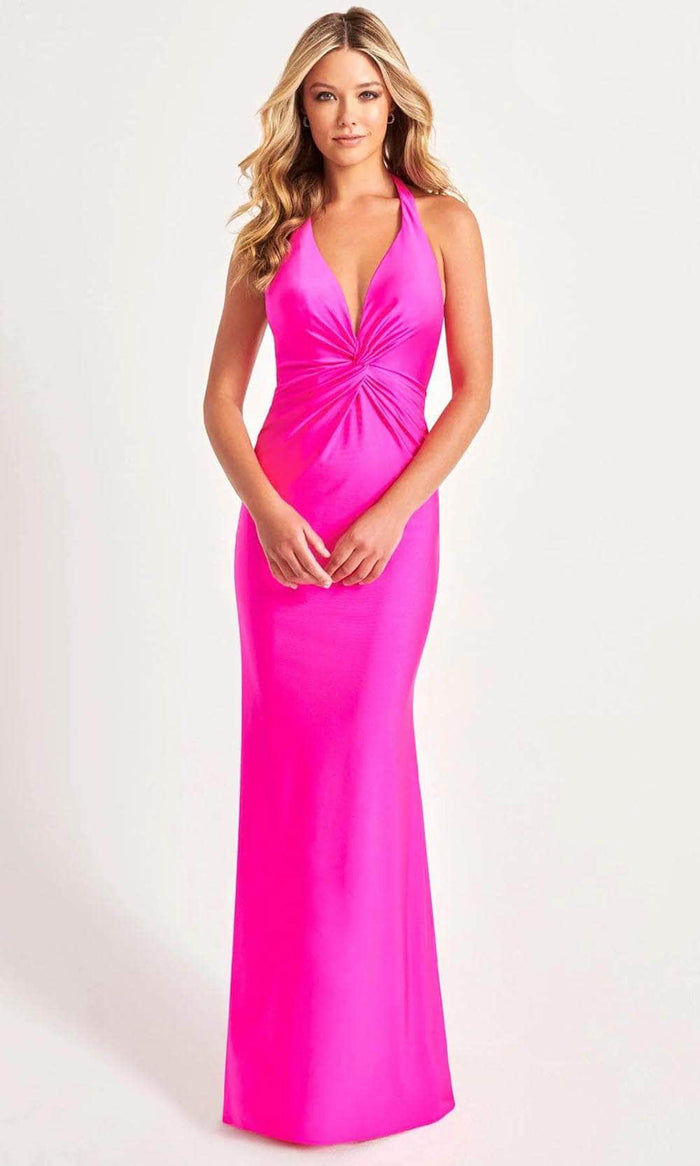 Faviana 11014 - Plunging Halter Knotted Prom Gown Special Occasion Dress 00 / Hot Pink
