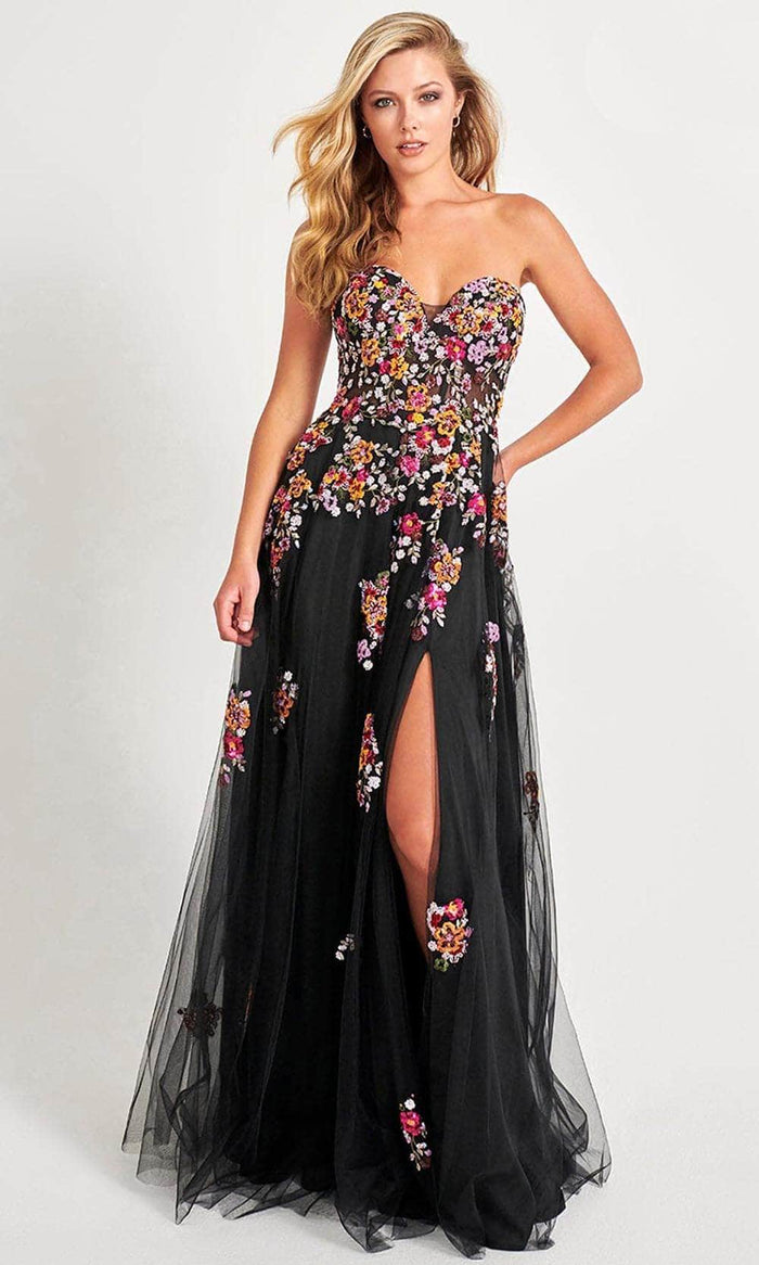 Faviana 11028 - Strapless Floral Appliqued Prom Gown Special Occasion Dress 00 / Black/Sunburst