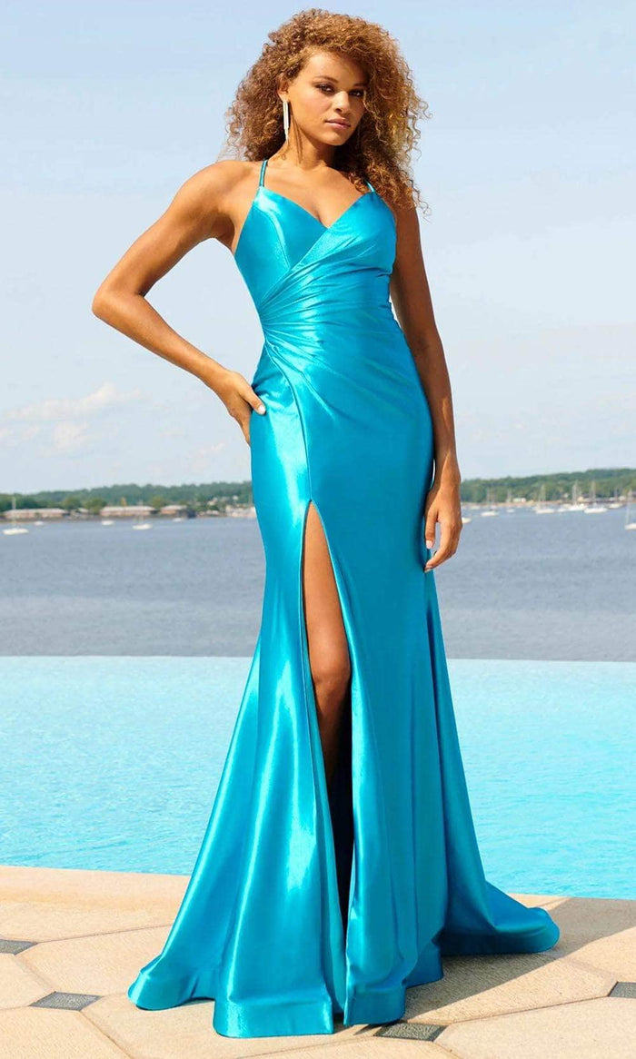 Faviana 11051 - Surplice V-Neck Mermaid Prom Gown Prom Dresses 00 / Aqua