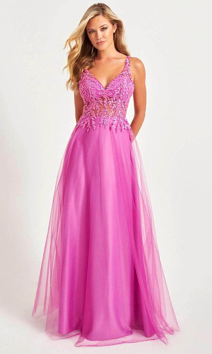 Faviana 11055 - Applique V-Neck Prom Gown Prom Dresses 00 / Fuchsia