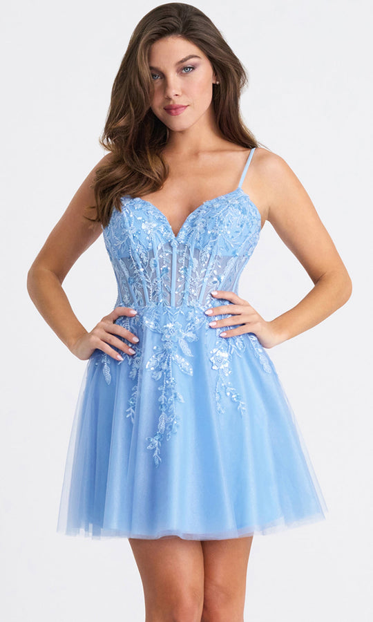 Faviana 11305 - Floral Appliqued Sheer Corset Mini Dress