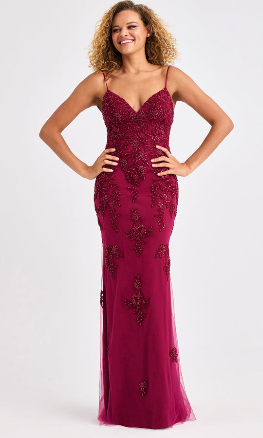 Faviana 11428 - Deep V-Neckline Beaded Tulle Gown