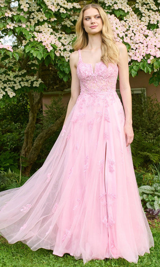 Faviana 11437 - Notch V-Neck Beaded Applique Dress