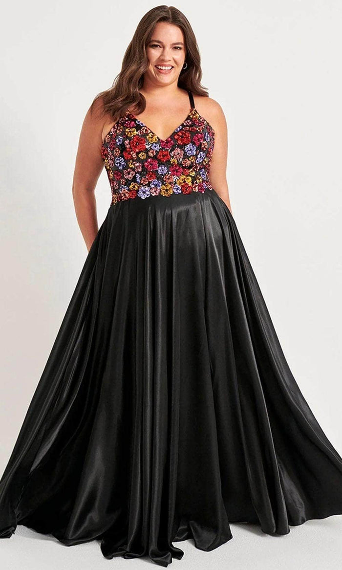 Faviana 9558 - Floral Sequined V-Neck Prom Gown Special Occasion Dress 12W / Black/Multi/Black