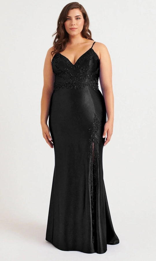 Faviana 9562 - Applique Detailing V-Neck Satin Dress