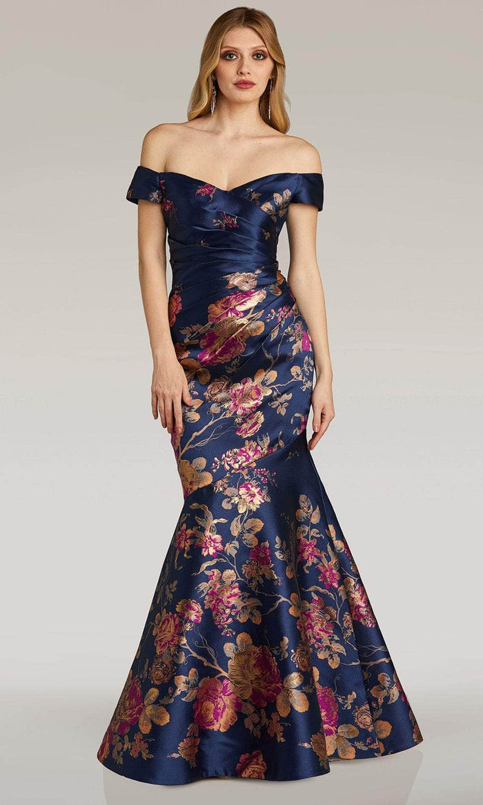 Feriani Couture 18338 - Off Shoulder Floral Print Evening Gown Evening Dresses 2 / Navy