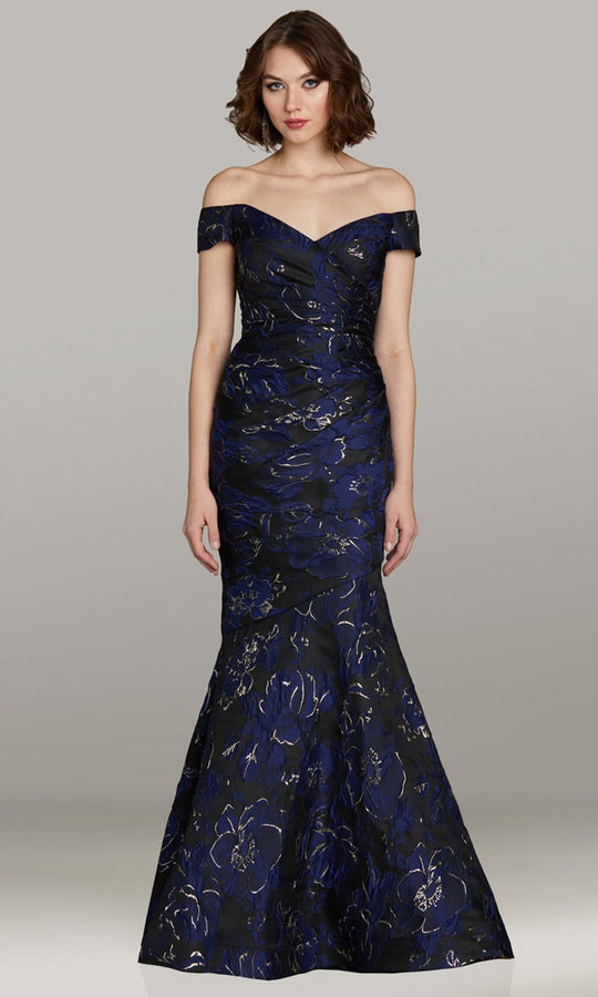 Feriani Couture 18465 - Ruched Floral Off Shoulder Evening Gown
