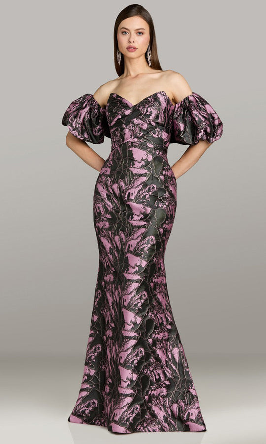 Feriani Couture 18594 - Abstract Texture Puff Sleeve Evening Gown