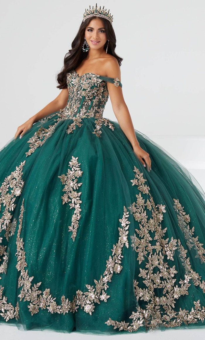 Fiesta Gowns 56461 - Floral Appliqued Quinceanera Dress Quinceanera Dresses 0 / Hunter/Rose Gold