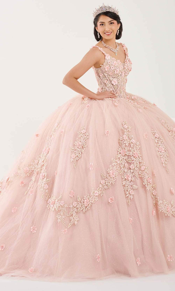 Fiesta Gowns 56498 - V-Neck Lace Applique Ballgown Ball Gowns 0 / Blush/Gold