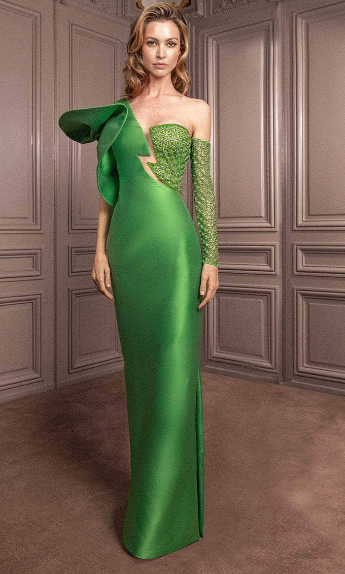 Gatti Nolli Couture GA-6805 - Plunge Asymmetrical Evening Dress Evening Dresses 0 / Green