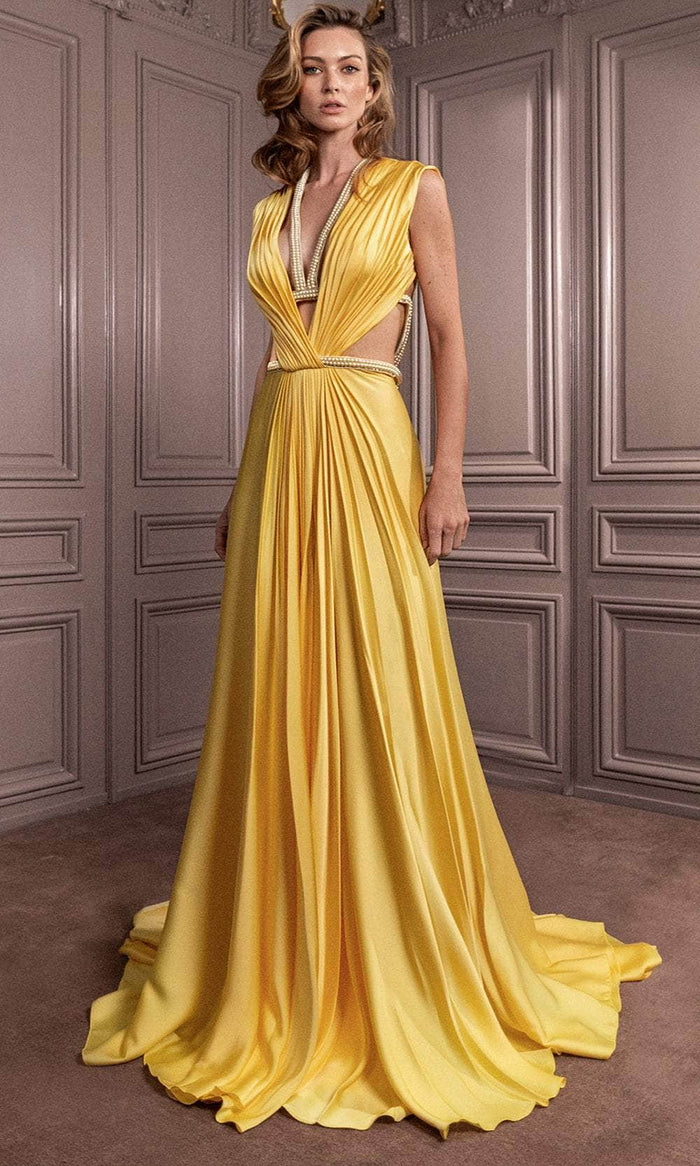 Gatti Nolli Couture GA-7045 - Strappy Pearl Detail Evening Dress Evening Dresses 0 / Yellow