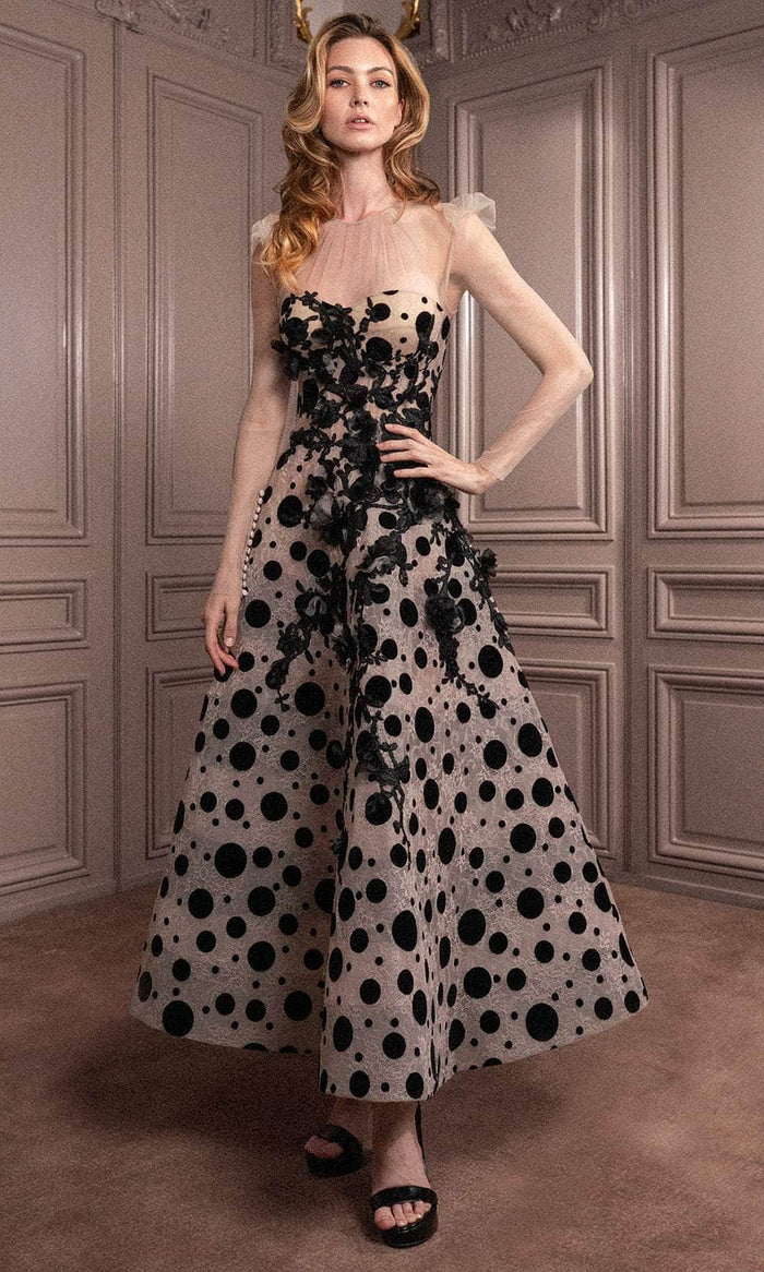 designer couture cocktail dresses Gatti Nolli Couture GA-7076 - Tea Length Applique Cocktail Dress 2 / Black & Taupe