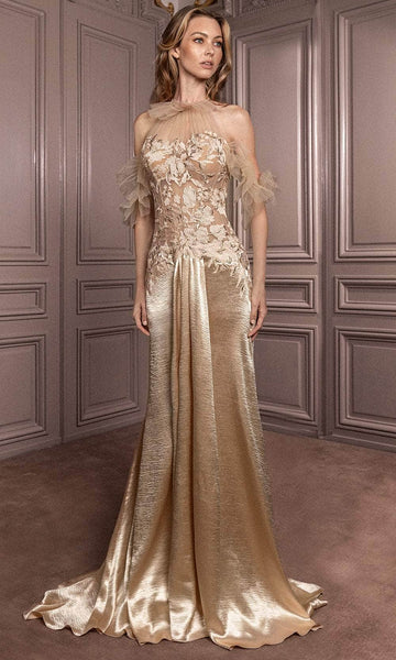 slim fit dress slacks Zapaka Women Metallic Satin Gold Prom Dress with Slit A Line Pleated V Neck Long Formal Dress, Golden / UK14 main image 0